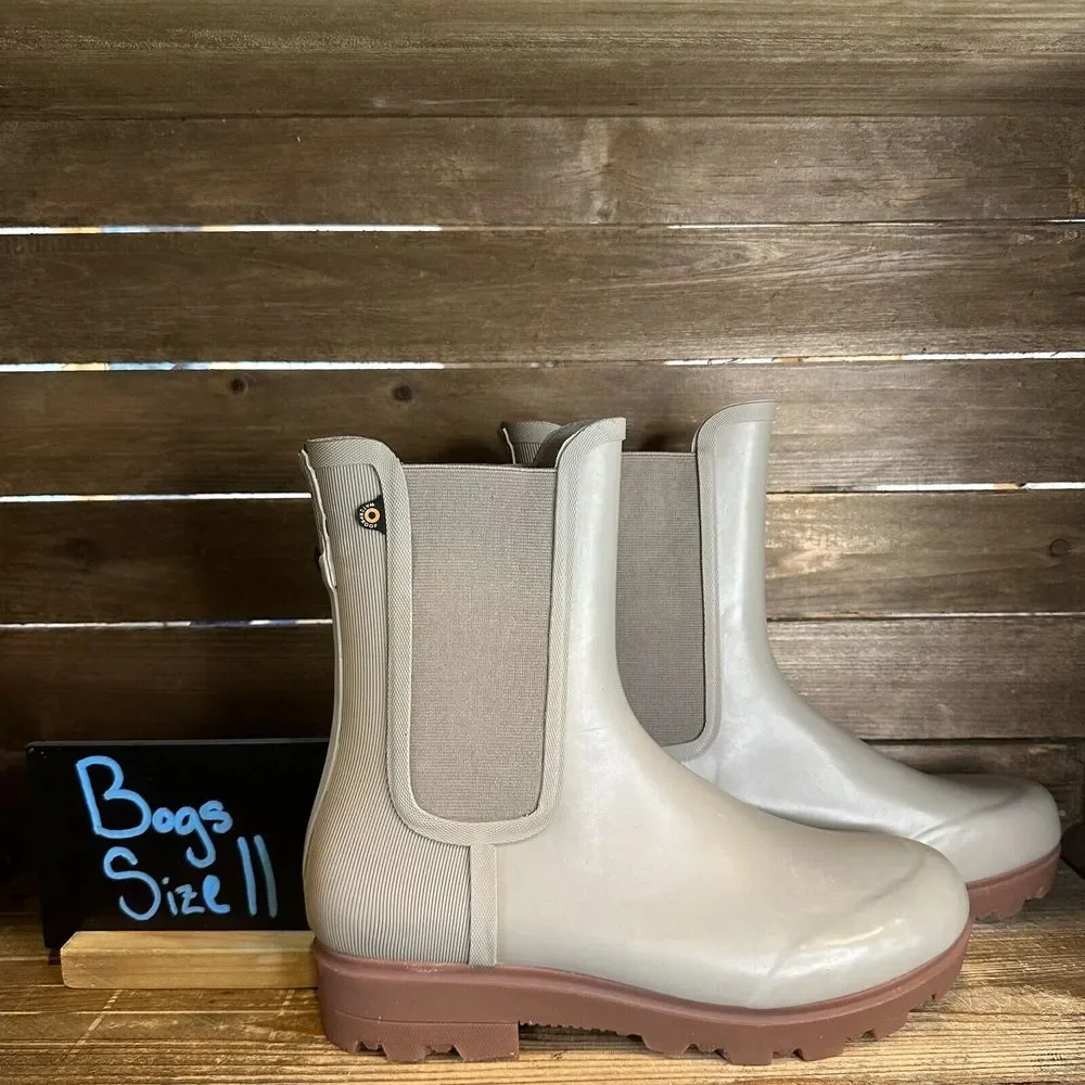 New Womens Bogs Holly Tall Chelsea Shine Taupe‎ Rain Boots Booties Size 11 M